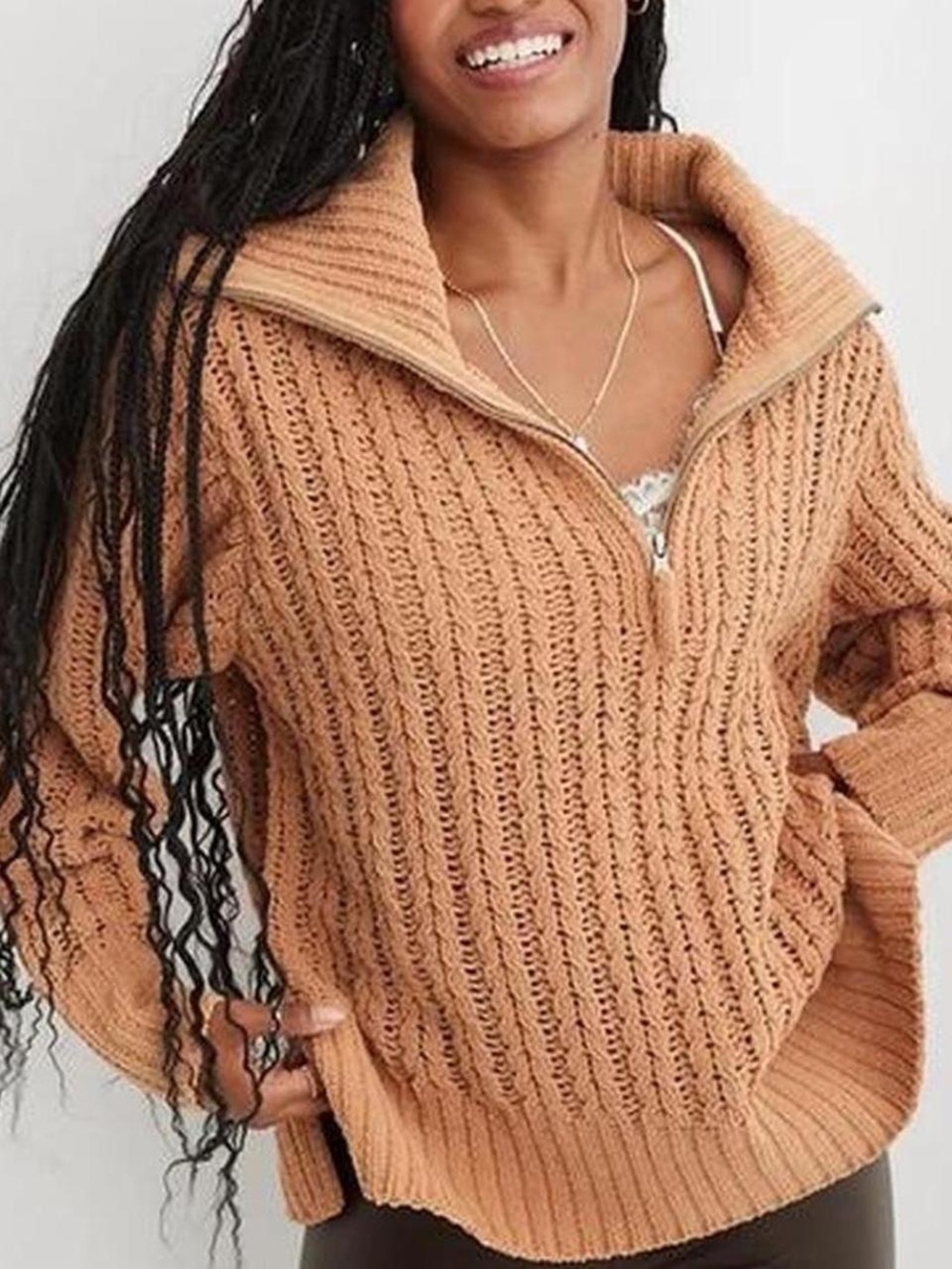 oversized chunky cable knit quarter zip sweater